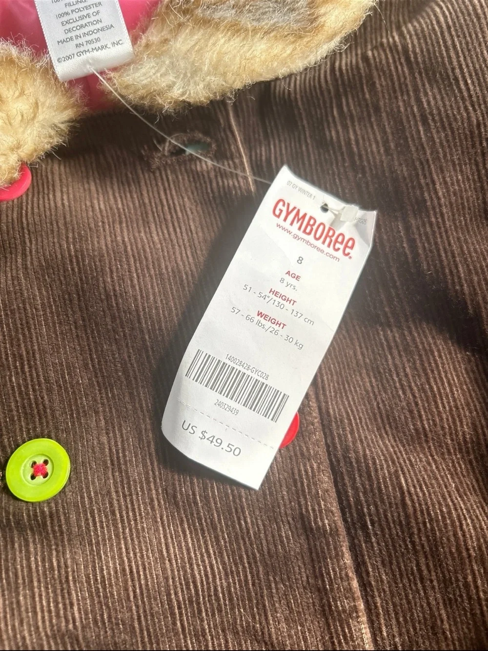 Gymboree Vintage 2007 Brown Corduroy Coat with Faux Fur Collar